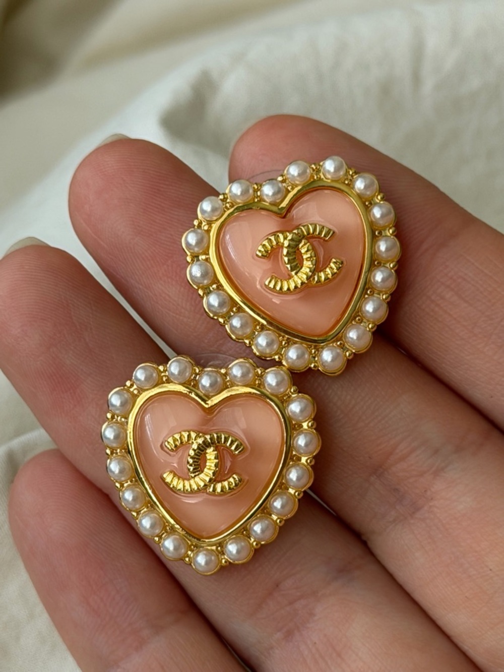 CHANEL Peach Heart Pearl-Trimmed CC Post Back Earrings - Picture 10 of 10